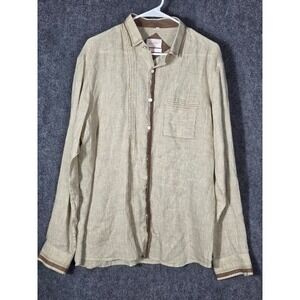Mebaz Men's Linen Long Sleeve Button Down‎ Shirt Tan Brown Trim Size L Vacation